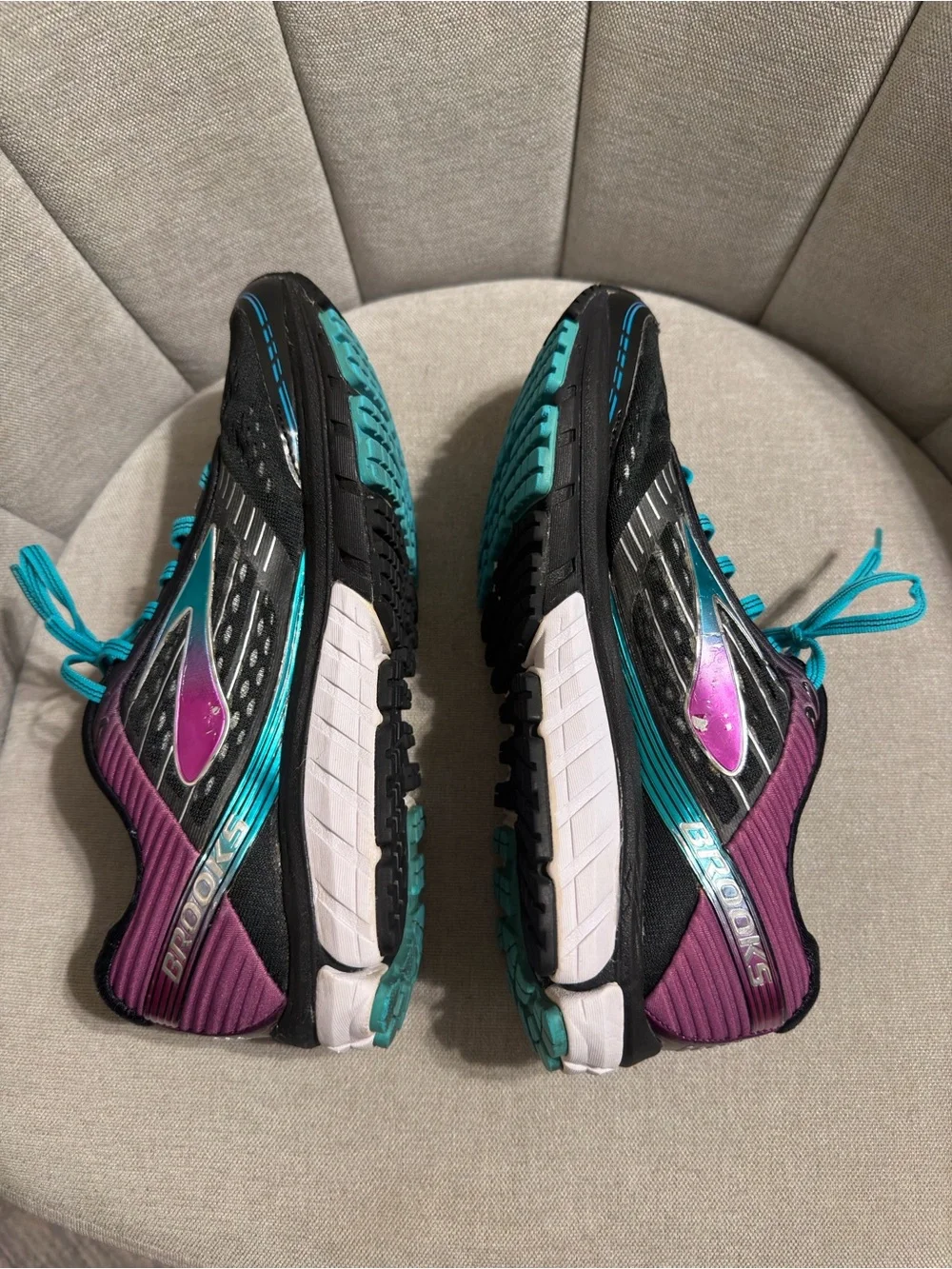Women’s Brooks Ghost 9 Black Running Shoes with Teal Laces and Purple Accents
